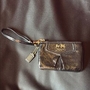Coach Shimmering Patent Leather Black Wristlet with Gold Details